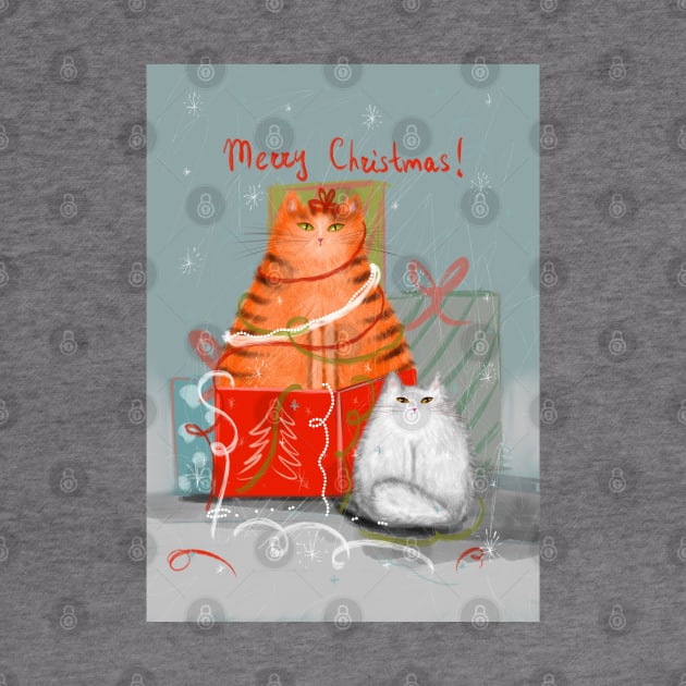 Merry Christmas greeting winter card with cute fluffy cats in red Santa hats and scarves. by Olena Tyshchenko